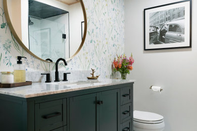 Inspiration for a mosaic tile floor, white floor, single-sink and wood ceiling bathroom remodel in Minneapolis with a one-piece toilet, multicolored walls, marble countertops, a hinged shower door, gray countertops and a freestanding vanity