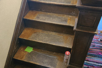 Before photos of stairway being refinished.