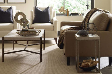 Example of a large classic open concept carpeted and beige floor living room design in Other