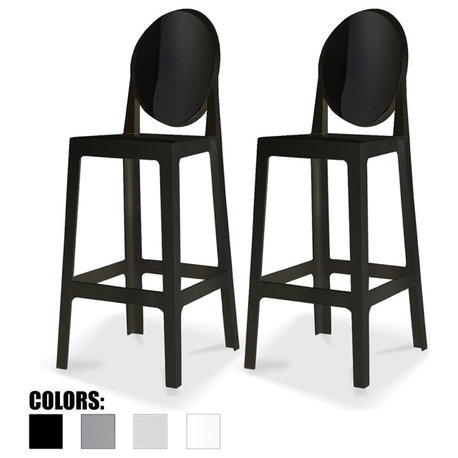 Designer Ghost Style Molded Plastic Bar Height Kitchen Stools For Dining, Black, Set of 2