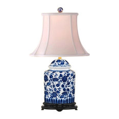 Porcelain Blue and White Floral Summer Theme Tea Jar Caddy Lamp 22"