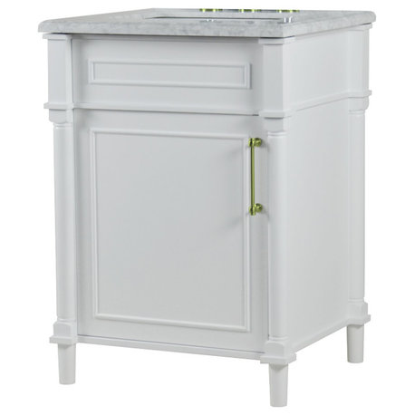 24" Single Vanity, White With White Carrara Marble Top