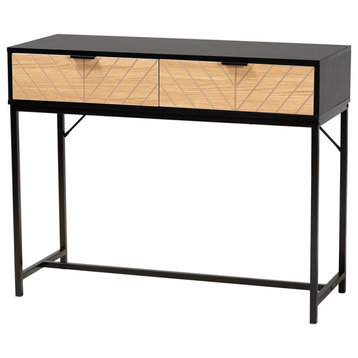 Modern Two-Tone Blank and Natural Brown Finished Wood 2-Drawer console Table
