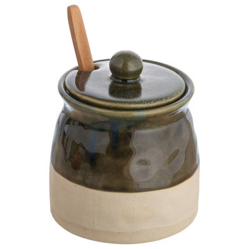 Stoneware Sugar Pot With Lid and Wood Spoon, Deep Green Glaze