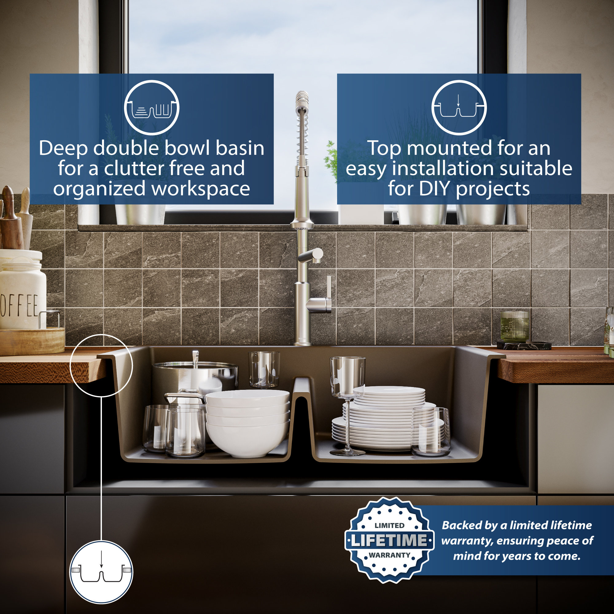 Karran 33" Top Mount Double Equal Bowl Quartz Kitchen Sink, Brown