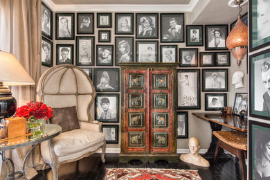 Living room - small eclectic enclosed dark wood floor living room idea in New York with gray walls and no tv