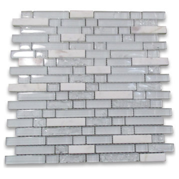 Glass Mosaic Tile White and Crackled Glass Mix White Marble Brick, 1 sheet
