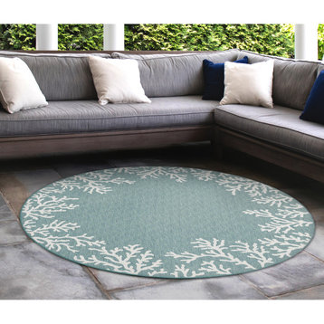 Carmel Coral Border Indoor/Outdoor Rug, Aqua, 7'10" Round