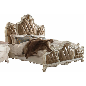 Queen Tufted Beige Upholstered Faux Leather Bed With Nailhead Trim