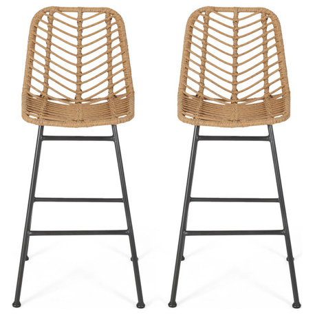 Jessie Outdoor Wicker Barstools, Set of 2, Brown