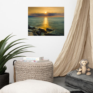 Sunset On Ocean, Sea, Beach Landscape Photo Unframed Wall Art Print, 16" X 20"