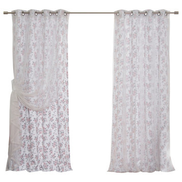 Tulle and Hibiscus Blossom Mix and Match Curtains, White, 52"x84"