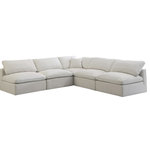Meridian Furniture - Plush Velvet / Down Standard Comfort L-Shaped Modular Sectional, Cream, 5-Piece: 4 Armless Chair, 1 Corner Chair - No matter how big or little the size of your gang, they can all find their sweet spot when you choose pieces from the Plush collection to build your ideal seating group. Choose this five-piece set or pair multiple pieces together to get the custom look everyone will love. The soft cream velvet material is soft and welcoming to the touch, and the set's cushions are overstuffed with a down and feather blend to provide ample support for tired bodies.