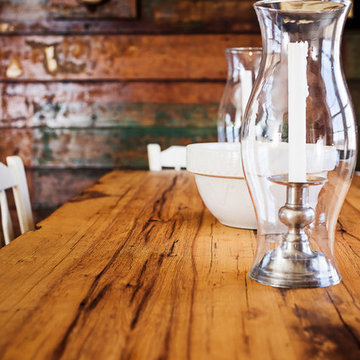Farmhouse Kitchen, Dining Table & recaimed barnwood paneling