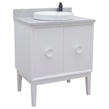 31" Single Vanity, White Finish With Gray Granite Top And Round Sink