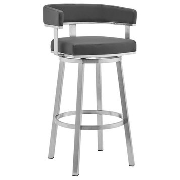 Armen Living Cohen 30" Faux Leather Swivel Bar Stool in Gray/Stainless Steel