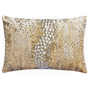 Ivory Gold Velvet 12"x14" Lumbar Pillow Cover, Foil Crystal Embroidery Crisiant