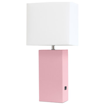 Elegant Designs Modern Leather Table Lamp with USB and White Fabric Shade, Pink