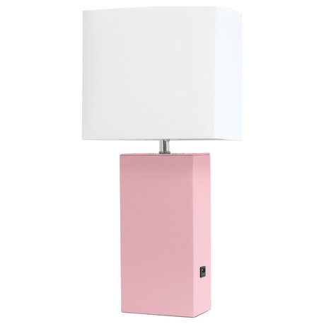 Elegant Designs Modern Leather Table Lamp with USB and White Fabric Shade, Pink