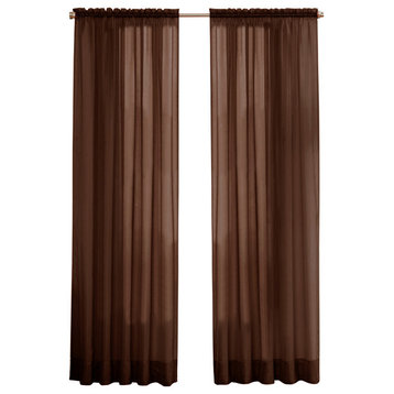 Peach Couture Solid Color Woven Sheer Window Panel Curtain Set, Brown