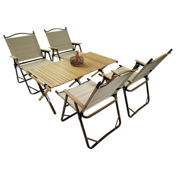 5 Pieces Patio Dining Table, Folding Design With Large Table & 4 Chairs, Natural