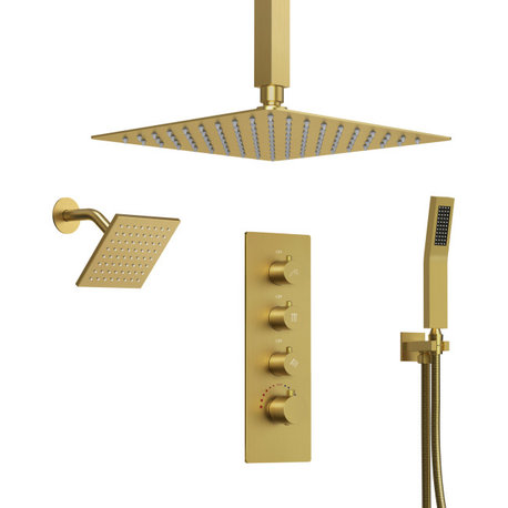 Dual Heads Shower System 16" Rain Shower Head with 4 Way Thermostatic Faucet, Brushed Gold