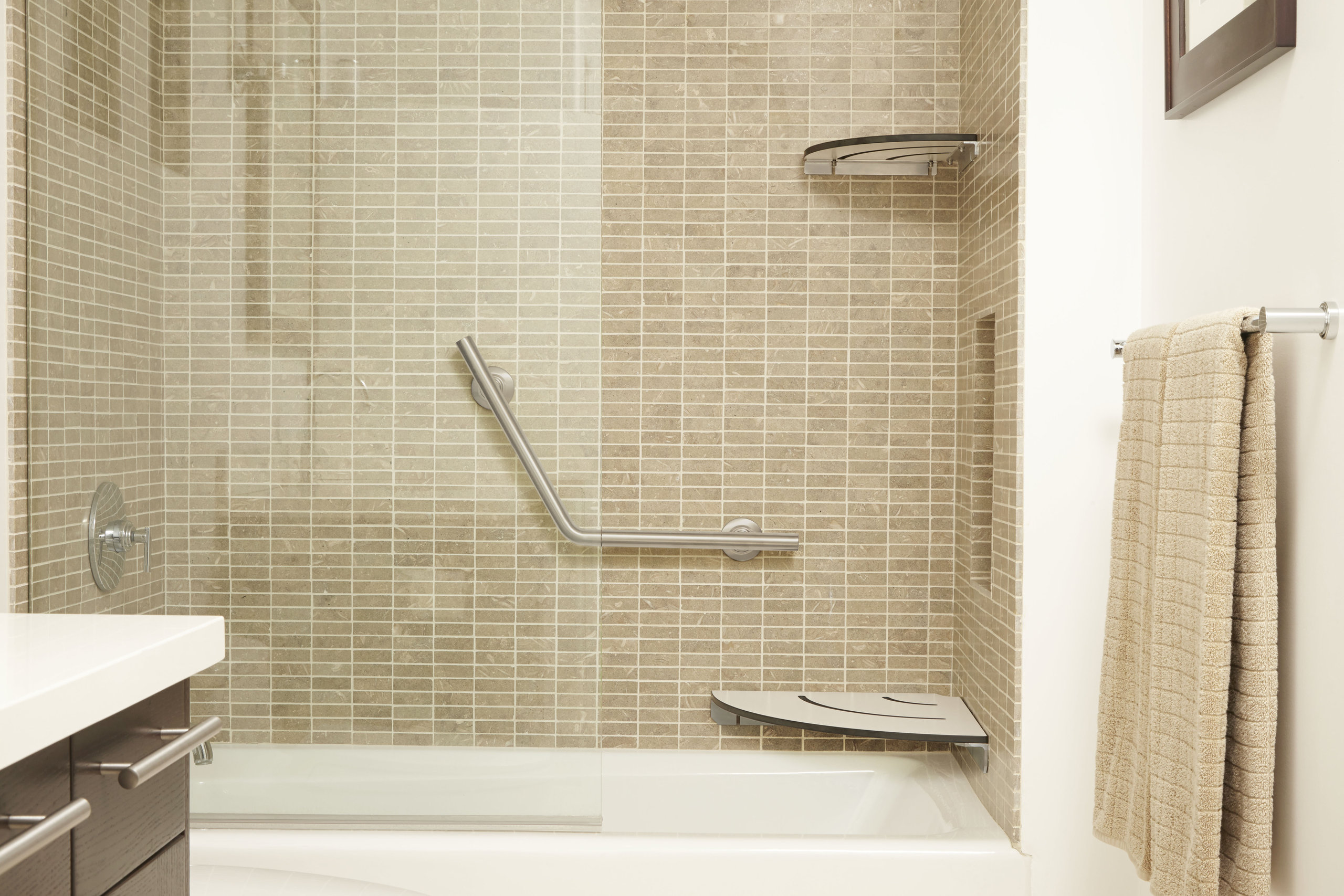 White Corner Shower Seat With 18" Radius