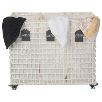 Laundry Sorter and Hamper 3, Sections on Wheels, White