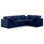 Meridian Furniture - Indulge Upholstered Modular L-Shaped Sectional, Navy, 4-Piece: 1 Armless Chair, 3 Corner Chair, Down Stuffed Velvet - Unwind in tranquil elegance with the Indulge Velvet Sectional. Imagine sinking into the plush embrace of this lush sectional, crafted from rich, textured navy velvet that feels soft and inviting against your skin. Overstuffed down feather cushions cradle you in cloud-like comfort, while the solid wood frame provides unwavering support. This modular masterpiece isn't just furniture - it's a blank canvas for creating your dream living space. Arrange the versatile pieces in countless configurations, from a sprawling entertainment zone for movie nights to intimate reading nooks for quiet moments. Indulge in the ultimate comfort, endless possibilities, and timeless elegance.
