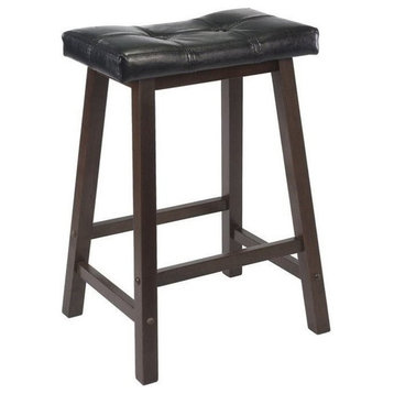 Pemberly Row 24.84" Solid Wood/Faux Leather Stool in Antique Walnut/Black