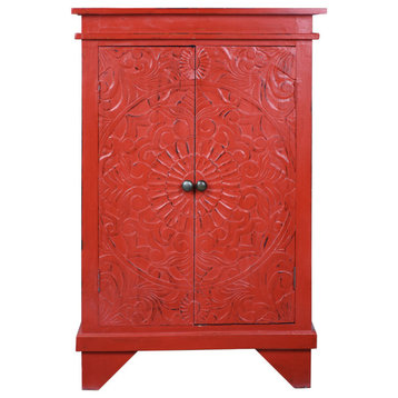Carved Accent Cabinet, Distressed Antique Red Solid Wood |Fully Assembled Table