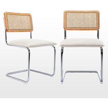 Mid-Century Modern Armless Mesh Back Cane Dining Chairs with Metal Chrome Legs