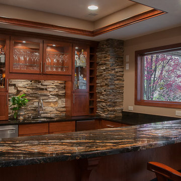 Pub Bar Entertainment Fireplace Wine Basement in Cherry