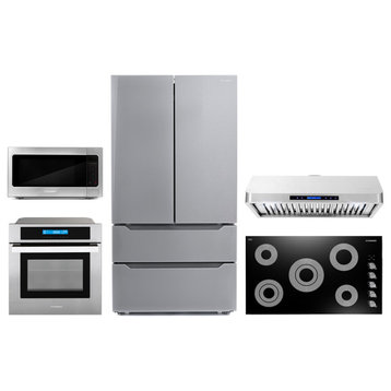 5 Piece, 36" Cooktop 36" Range Hood 30" Wall Oven 24.4" Microwave & Refrigerator