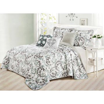 Serenta Ravello Scroll Printed Quilted 6 Piece Bed Spread Set, Teal / Turquoise