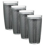 Kraftware Corp. - Kraftware Fishnet Double Wall Glasses, Black, 24 oz, Set of 4 - The Kraftware Fishnet Double Wall Glasses make a stylish, practical addition to a modern kitchen. Made from durable AS plastic, these 24-ounce glasses feature double-walled construction and sonic welding for premium insulation and zero condensation. A black fishnet interior lining gives the glasses a fun, unique look. Dishwasher safe (top rack only).