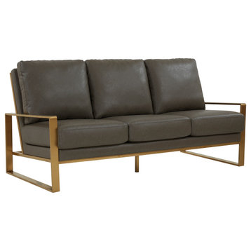 LeisureMod Jefferson Modern Design Faux Leather Sofa With Gold Frame, Gray