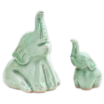 Novica Handmade Mom And Baby Celadon Ceramic Figurines (Pair)