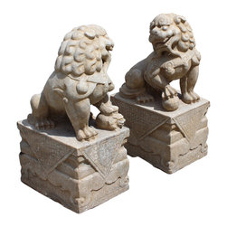 Chinese Pair Distressed Brown White Stone Fengshui Foo Dogs Statues cs4259 - Garden Statues And Yard Art