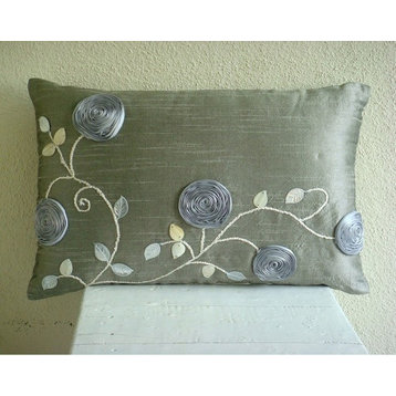 Ribbon Rose Silver Art Silk 12"x24" Lumbar Pillow Cover, Silver Rose Garden