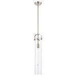 Innovations Lighting - Innovations Lighting 413-1S-SN-4CL Pilaster - One Light Mini Pendant - Vintage Incandescent 60 Watt Tubular Dimmable Bulb Included  Includes 10 Feet of Wire  Includes 1-6 and 2-12 inch Stems. Additional Stems sold separately.  Solid Brass  Degree Hang Straight Swivel for Sloped Ceilings Included  Rated for 100 Watt Maximum  UL/CUL Damp Rated  In order to maintain the finish we recommend simply using water and a cheesecloth towel  Compatible with Incandescent, LED, Fluoresent and Halogen bulbs.   2 Year Finish/Lifetime Electrical Clear  2200  220  99.9  2000 Hours  Bruno Marashlian  No. of Rods: 3  Canopy Included: Yes  Shade Included: Yes  Sloped Ceiling Adaptable: Yes  Canopy Diameter: 4.5 x 0.75  Rod Length(s): 3.00Pilaster 4.88" One Light Mini Pendant Brushed Satin Nickel Clear Cylinder GlassUL: Suitable for damp locations, *Energy Star Qualified: n/a  *ADA Certified: n/a  *Number of Lights: Lamp: 1-*Wattage:60w A19 Medium Base bulb(s) *Bulb Included:No *Bulb Type:A19 Medium Base *Finish Type:Brushed Satin Nickel