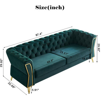 Unique 3 Seater Sofa, Velvet Seat With Button Tufted Back & Gold Hardware, Green
