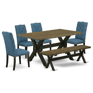 East West Furniture X-Style 6-piece Wood Dining Room Set in Black/Mineral Blue