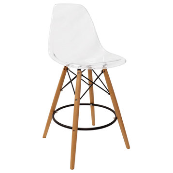 LeisureMod Dover Plastic Barstool With Beech Wood Legs and Footrest, Clear