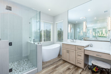 Inspiration for a large transitional master gray tile vinyl floor, brown floor, single-sink and wainscoting bathroom remodel in San Diego with beige cabinets, a two-piece toilet, white walls, an undermount sink, quartz countertops, white countertops and a built-in vanity