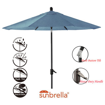 9' Round Push Tilt Market Umbrella, Black Frame, Sunbrella, Sapphire Blue