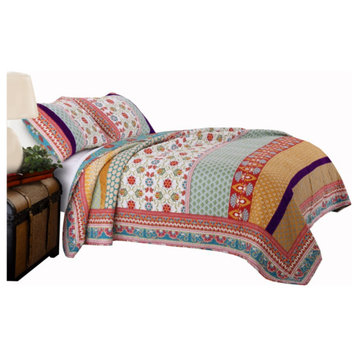 Geometric And Floral Print King Size Quilt Set With 2 Shams, Multicolor