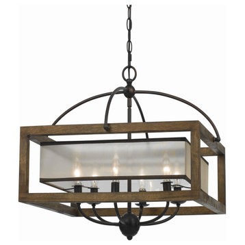 6 Bulb Square Chandelier With Wooden Frame And Organza Striped Shade, Brown
