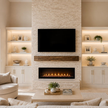 Custom Stone Fireplace TV Wall with Built-In Shelving