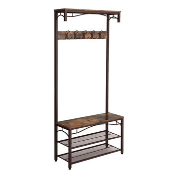 Metal Framed Coat Rack With Wooden Bench And Two Mesh Shelves, Brown And Black